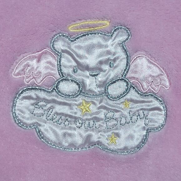 Baby Starters Pink Infant Blanket w/ Angel Bear "Bless Our Baby" - 30" x 30" - Picture 2 of 6